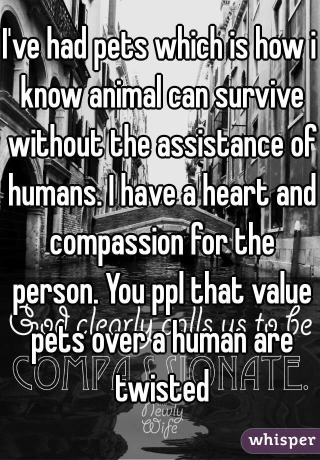 I've had pets which is how i know animal can survive without the assistance of humans. I have a heart and compassion for the person. You ppl that value pets over a human are twisted