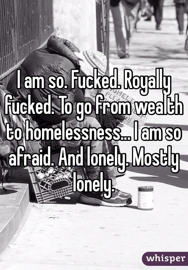 I am so. Fucked. Royally fucked. To go from wealth to homelessness... I am so afraid. And lonely. Mostly lonely.