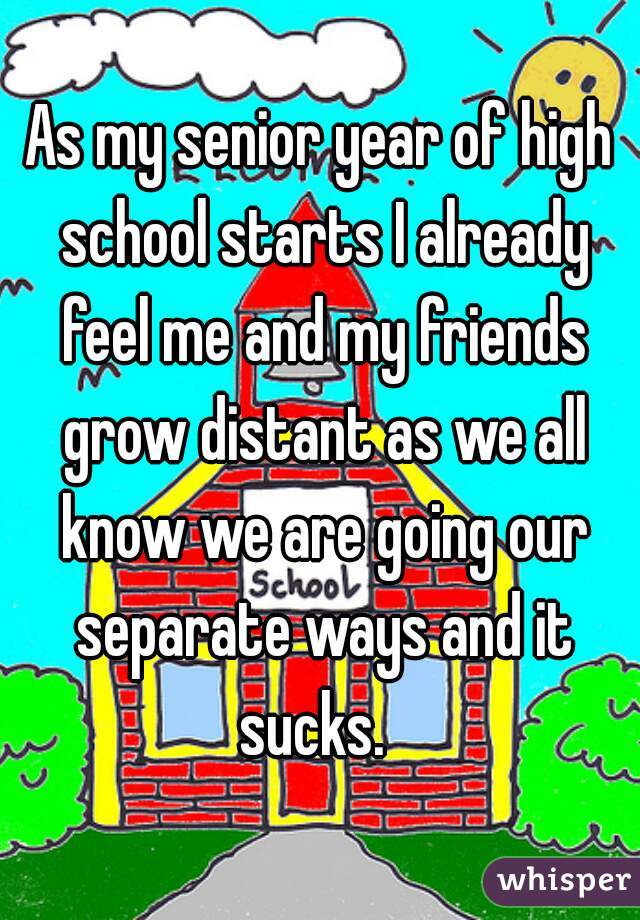 As my senior year of high school starts I already feel me and my friends grow distant as we all know we are going our separate ways and it sucks.  