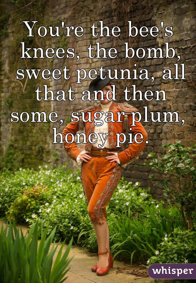 You're the bee's knees, the bomb, sweet petunia, all that and then some, sugar plum,  honey pie.