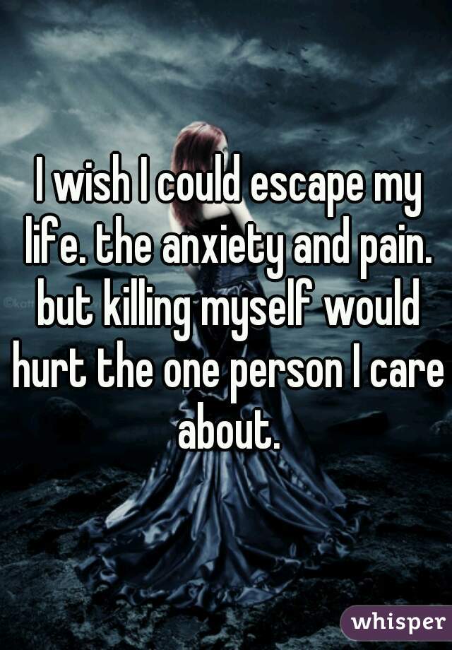  I wish I could escape my life. the anxiety and pain. but killing myself would hurt the one person I care about.
