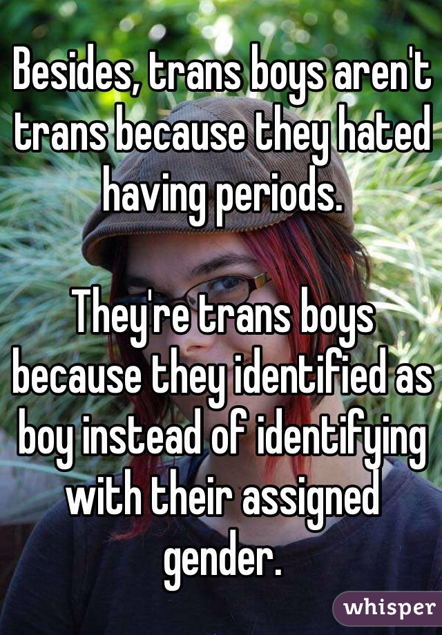 Besides, trans boys aren't trans because they hated having periods.

They're trans boys because they identified as boy instead of identifying with their assigned gender. 