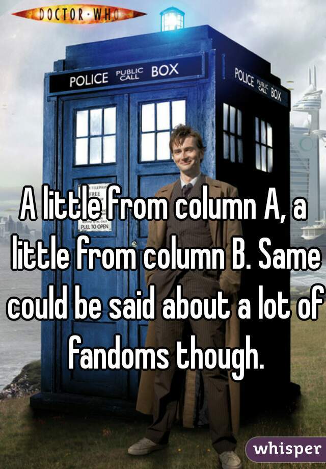 A little from column A, a little from column B. Same could be said about a lot of fandoms though.