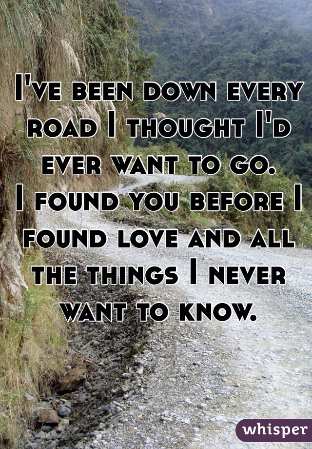 I've been down every road I thought I'd ever want to go.
I found you before I found love and all the things I never want to know.