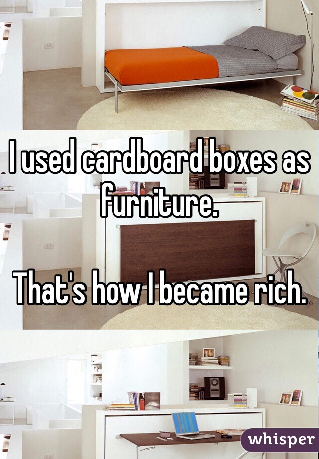 I used cardboard boxes as furniture. 

That's how I became rich. 