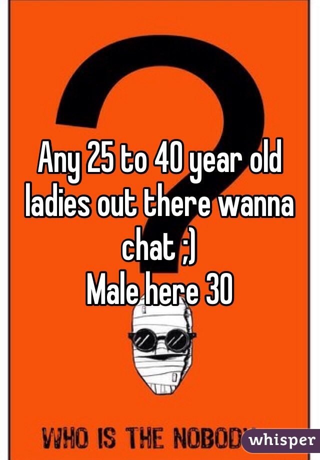 Any 25 to 40 year old ladies out there wanna chat ;)
Male here 30