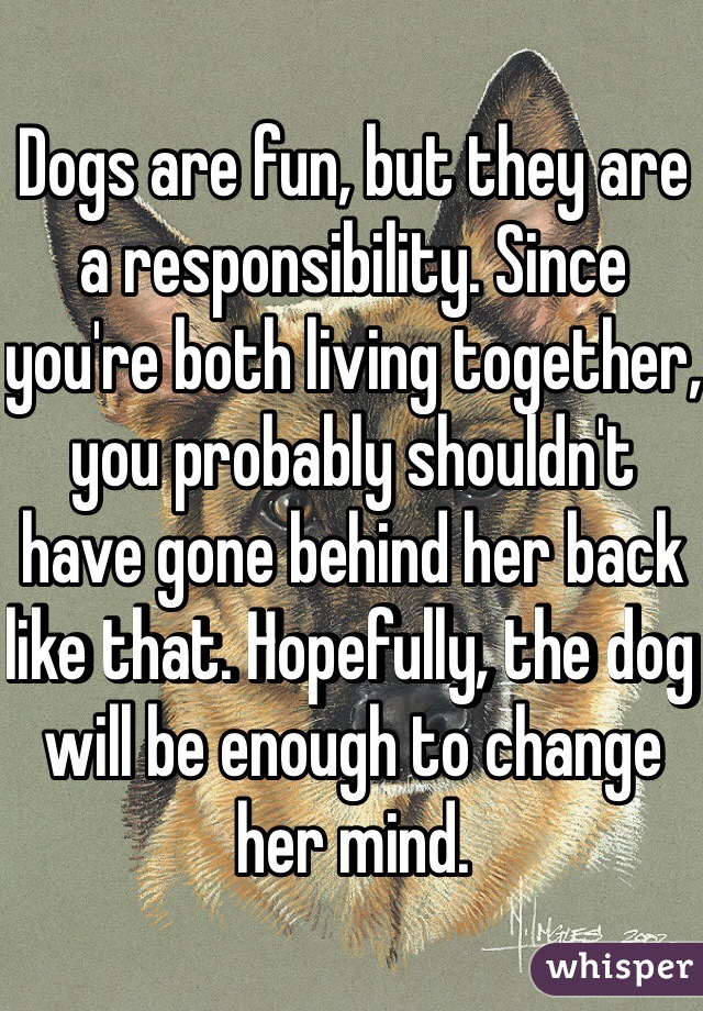 Dogs are fun, but they are a responsibility. Since you're both living together, you probably shouldn't have gone behind her back like that. Hopefully, the dog will be enough to change her mind.