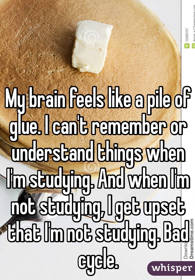 My brain feels like a pile of glue. I can't remember or understand things when I'm studying. And when I'm not studying, I get upset that I'm not studying. Bad cycle.