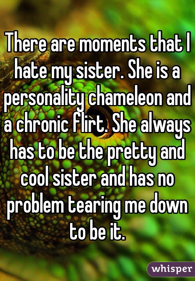 There are moments that I hate my sister. She is a personality chameleon and a chronic flirt. She always has to be the pretty and cool sister and has no problem tearing me down to be it. 