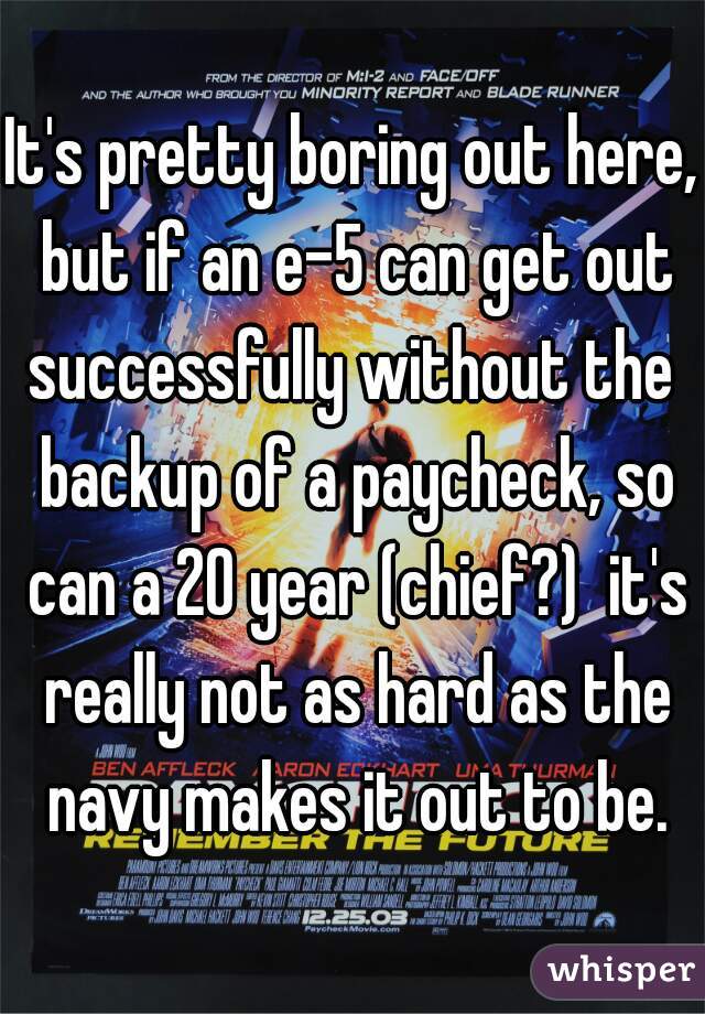 It's pretty boring out here, but if an e-5 can get out successfully without the  backup of a paycheck, so can a 20 year (chief?)  it's really not as hard as the navy makes it out to be.