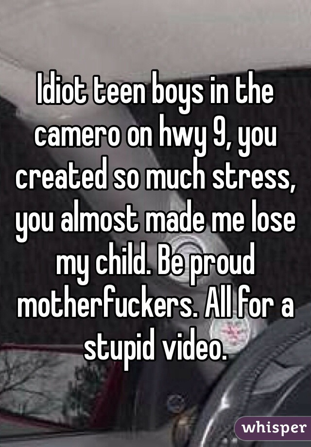 Idiot teen boys in the camero on hwy 9, you created so much stress, you almost made me lose my child. Be proud motherfuckers. All for a stupid video. 