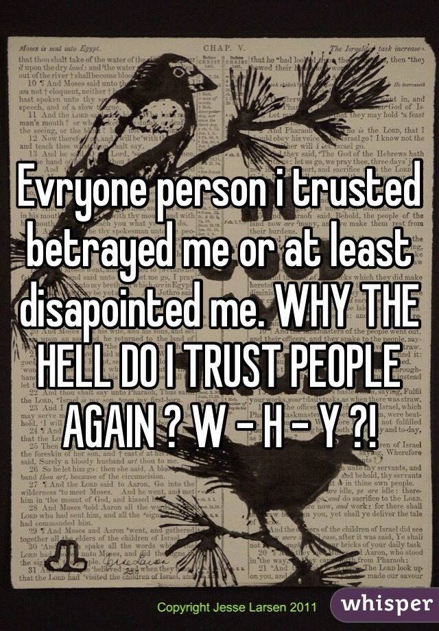 Evryone person i trusted betrayed me or at least disapointed me. WHY THE HELL DO I TRUST PEOPLE AGAIN ? W - H - Y ?!