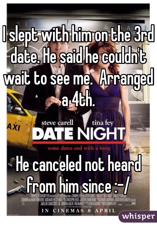 I slept with him on the 3rd date. He said he couldn't wait to see me.  Arranged a 4th.  


He canceled not heard from him since :-/