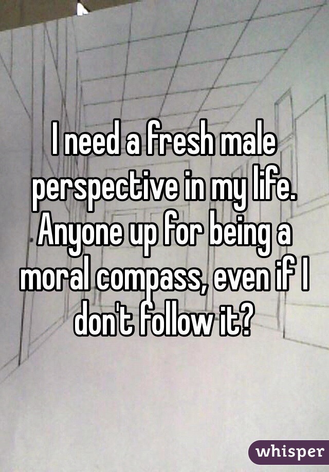 I need a fresh male perspective in my life. Anyone up for being a moral compass, even if I don't follow it?