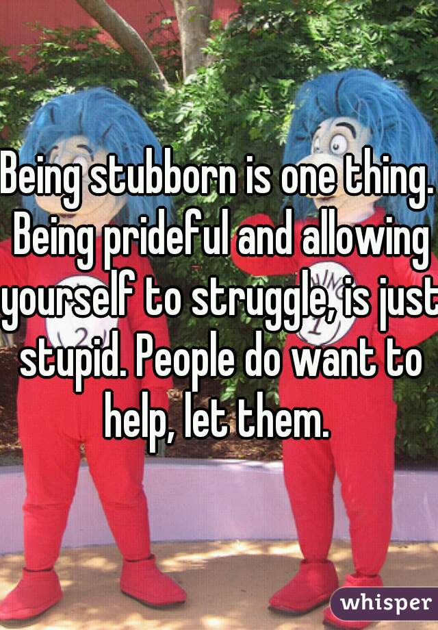 Being stubborn is one thing. Being prideful and allowing yourself to struggle, is just stupid. People do want to help, let them. 