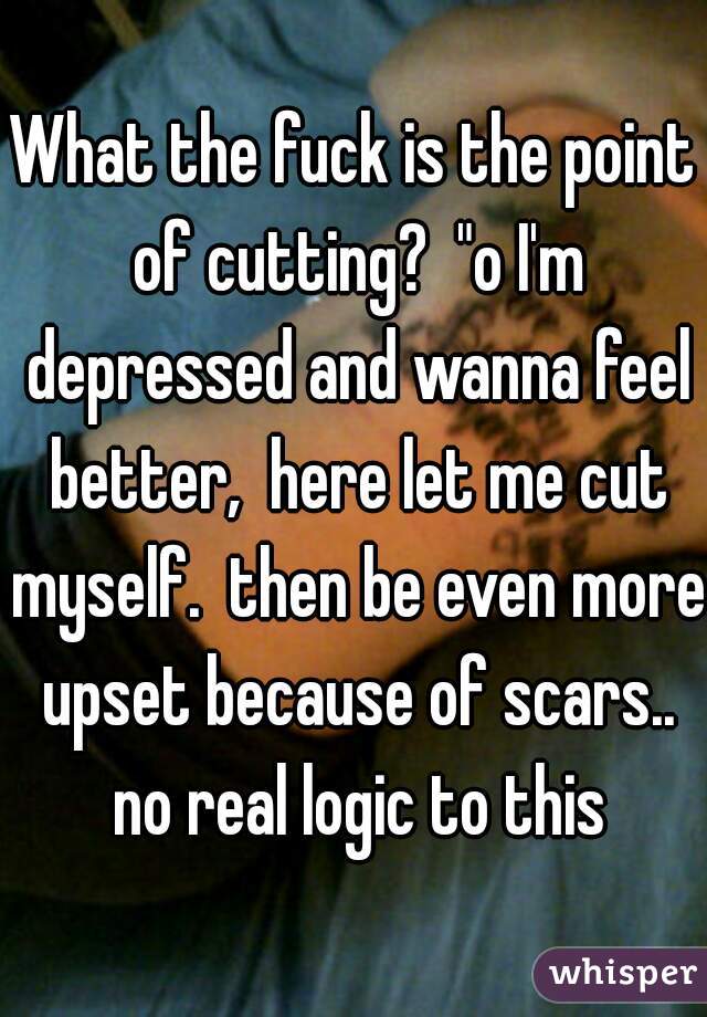 What the fuck is the point of cutting?  "o I'm depressed and wanna feel better,  here let me cut myself.  then be even more upset because of scars.. no real logic to this