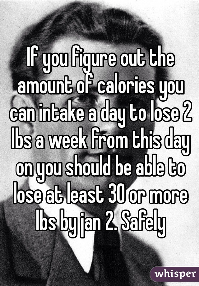 If you figure out the amount of calories you can intake a day to lose 2 lbs a week from this day on you should be able to lose at least 30 or more lbs by jan 2. Safely 