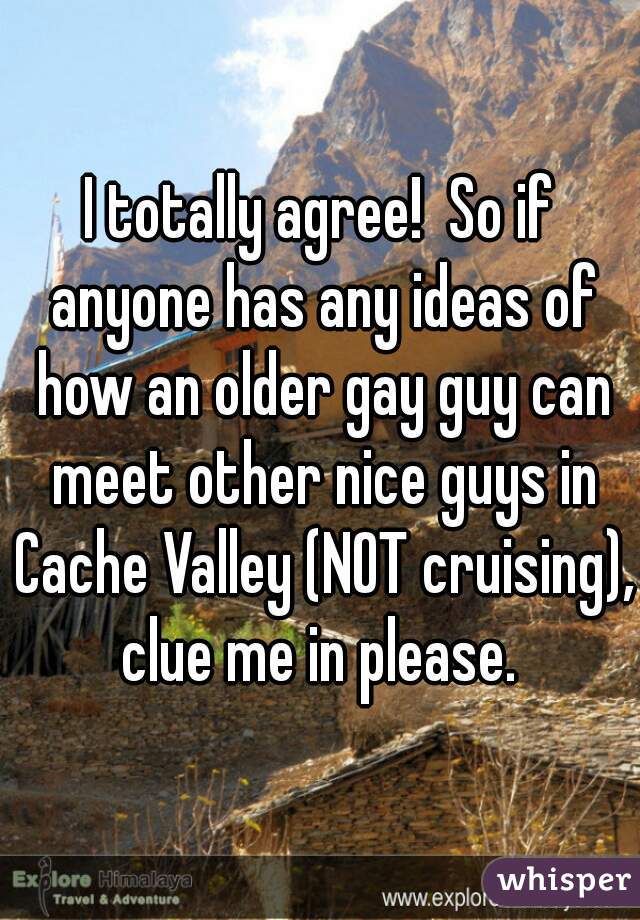 I totally agree!  So if anyone has any ideas of how an older gay guy can meet other nice guys in Cache Valley (NOT cruising), clue me in please. 