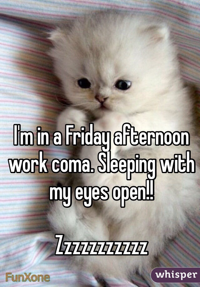 I'm in a Friday afternoon work coma. Sleeping with my eyes open!!

Zzzzzzzzzzz