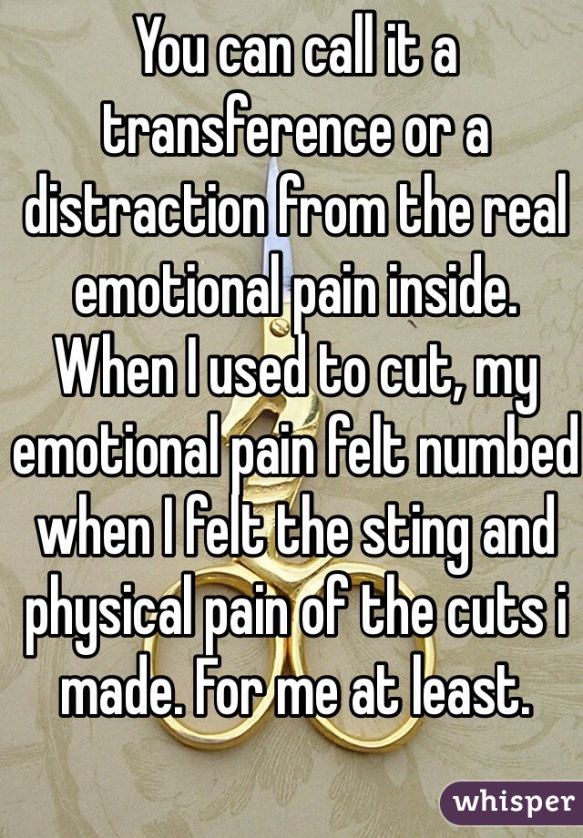 You can call it a transference or a distraction from the real emotional pain inside. 
When I used to cut, my emotional pain felt numbed when I felt the sting and physical pain of the cuts i made. For me at least.