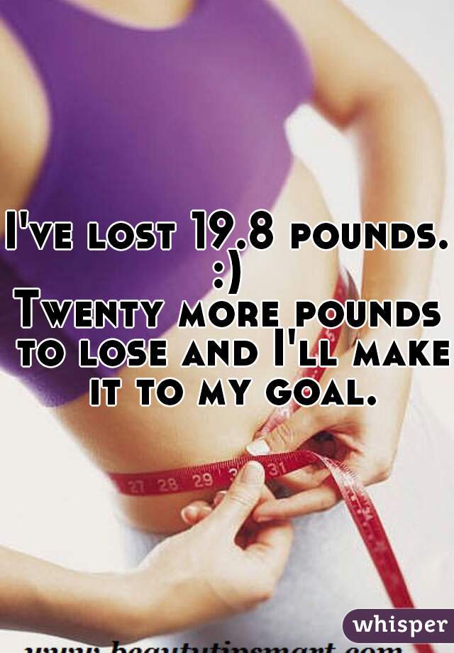 I've lost 19.8 pounds. 
:)
Twenty more pounds to lose and I'll make it to my goal.