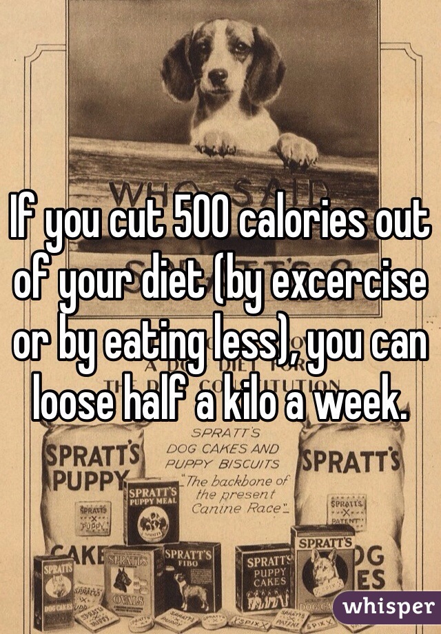 If you cut 500 calories out of your diet (by excercise or by eating less), you can loose half a kilo a week.