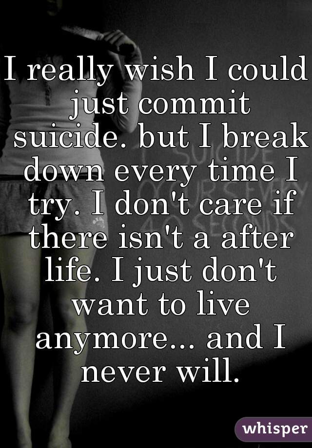 I really wish I could just commit suicide. but I break down every time I try. I don't care if there isn't a after life. I just don't want to live anymore... and I never will.