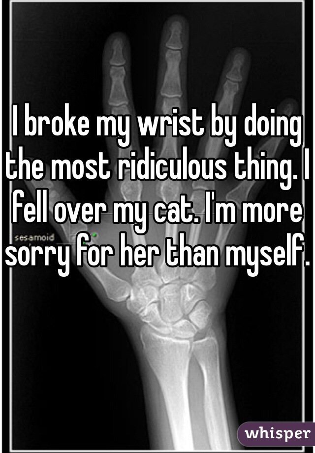 I broke my wrist by doing the most ridiculous thing. I fell over my cat. I'm more sorry for her than myself.