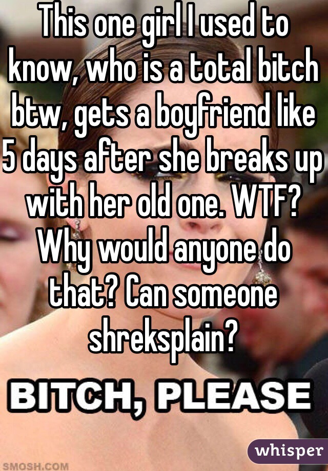This one girl I used to know, who is a total bitch btw, gets a boyfriend like 5 days after she breaks up with her old one. WTF? Why would anyone do that? Can someone shreksplain?