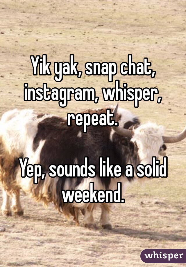 Yik yak, snap chat, instagram, whisper, repeat.

Yep, sounds like a solid weekend.