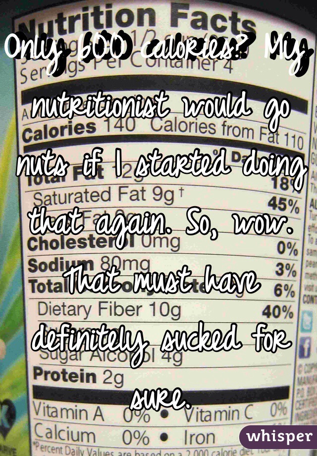 Only 600 calories? My nutritionist would go nuts if I started doing that again. So, wow. That must have definitely sucked for sure.
