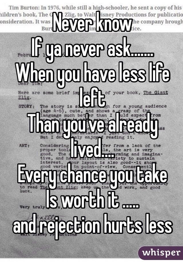 Never know
If ya never ask.......
When you have less life left
Than you've already lived....
Every chance you take
Is worth it .....
and rejection hurts less