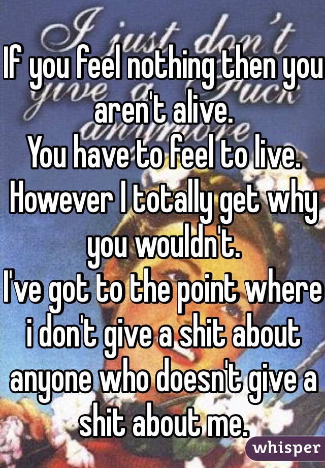 If you feel nothing then you aren't alive.
You have to feel to live.
However I totally get why you wouldn't.
I've got to the point where i don't give a shit about anyone who doesn't give a shit about me.