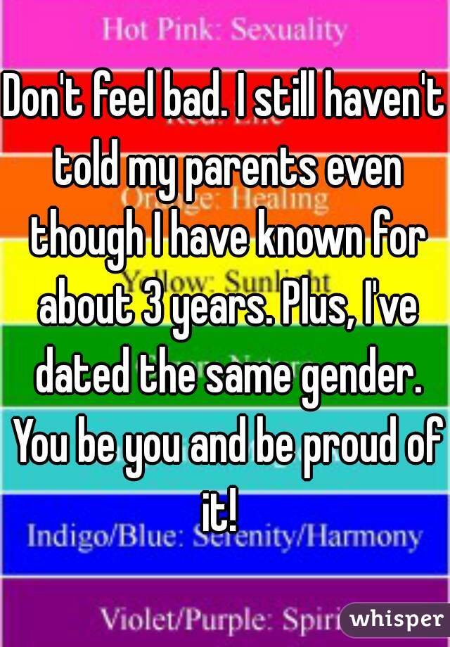 Don't feel bad. I still haven't told my parents even though I have known for about 3 years. Plus, I've dated the same gender. You be you and be proud of it!  