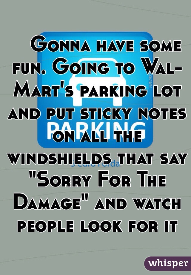    Gonna have some fun. Going to Wal-Mart's parking lot and put sticky notes on all the windshields that say "Sorry For The Damage" and watch people look for it