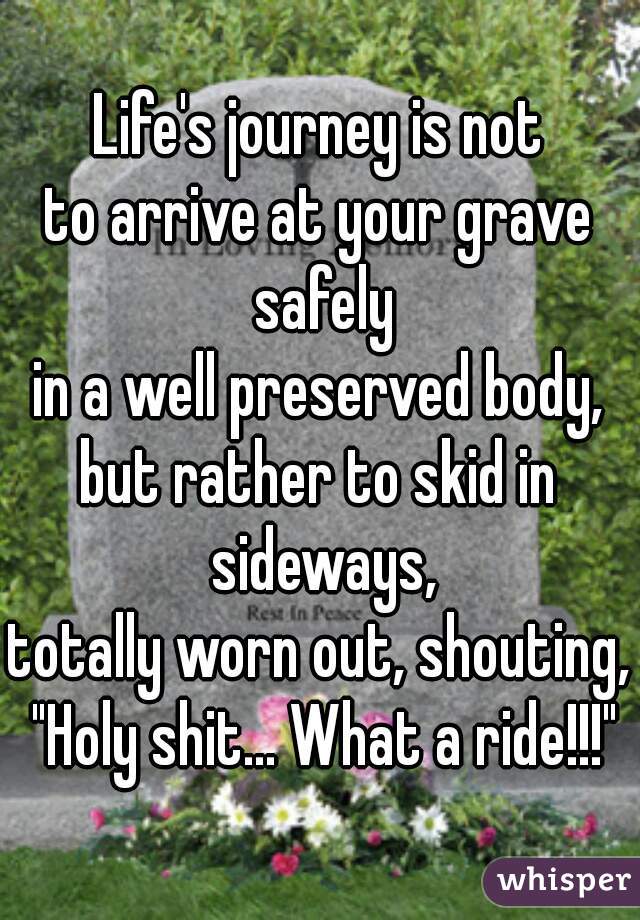 Life's journey is not
to arrive at your grave safely
in a well preserved body,
but rather to skid in sideways,
totally worn out, shouting, "Holy shit... What a ride!!!"