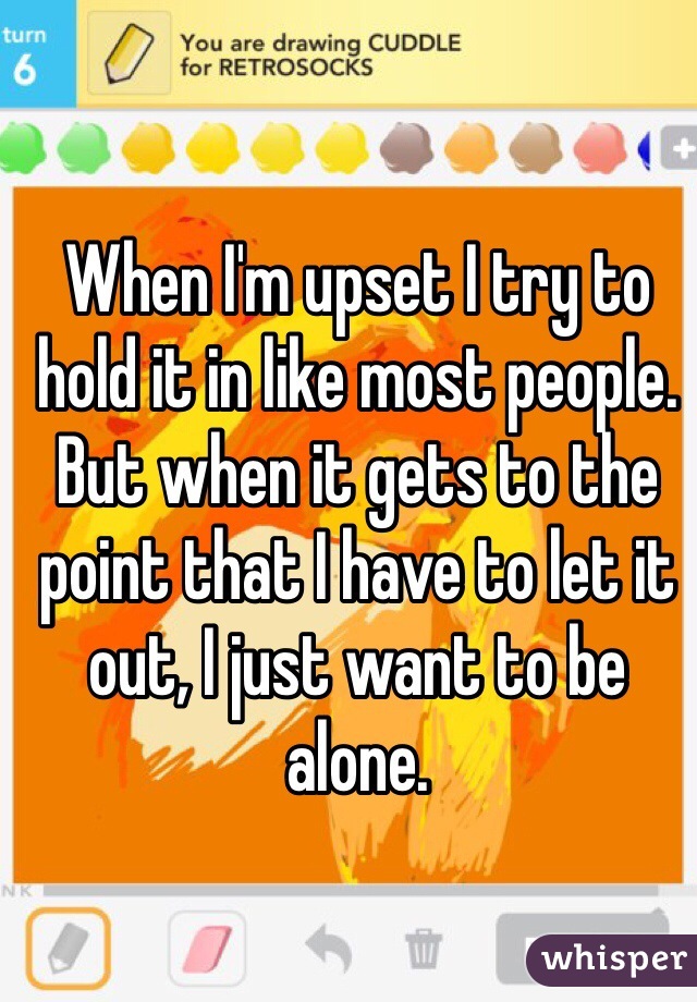 When I'm upset I try to hold it in like most people. But when it gets to the point that I have to let it out, I just want to be alone.