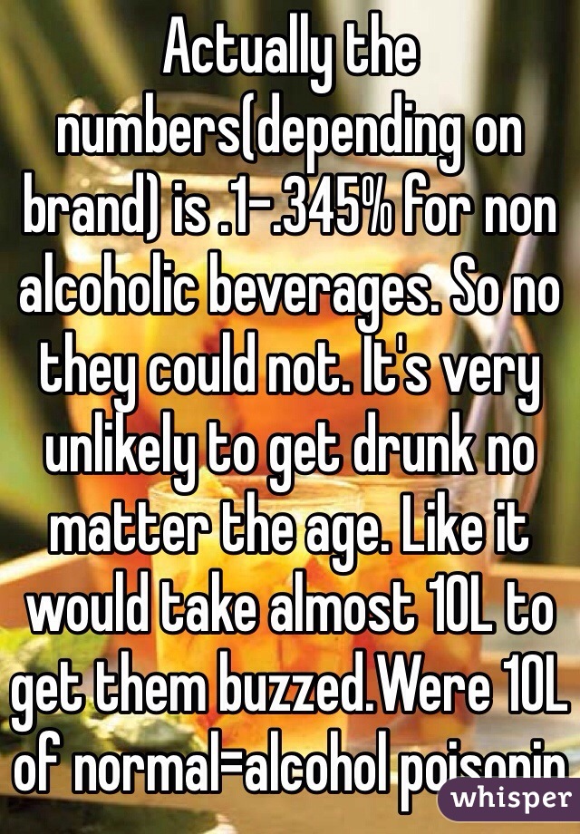 Actually the numbers(depending on brand) is .1-.345% for non alcoholic beverages. So no they could not. It's very unlikely to get drunk no matter the age. Like it would take almost 10L to get them buzzed.Were 10L of normal=alcohol poisonin 