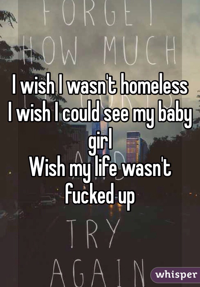 I wish I wasn't homeless 
I wish I could see my baby girl 
Wish my life wasn't fucked up