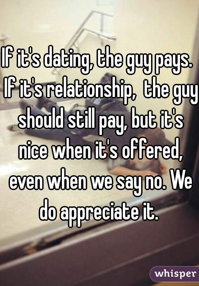 If it's dating, the guy pays.  If it's relationship,  the guy should still pay, but it's nice when it's offered, even when we say no. We do appreciate it. 