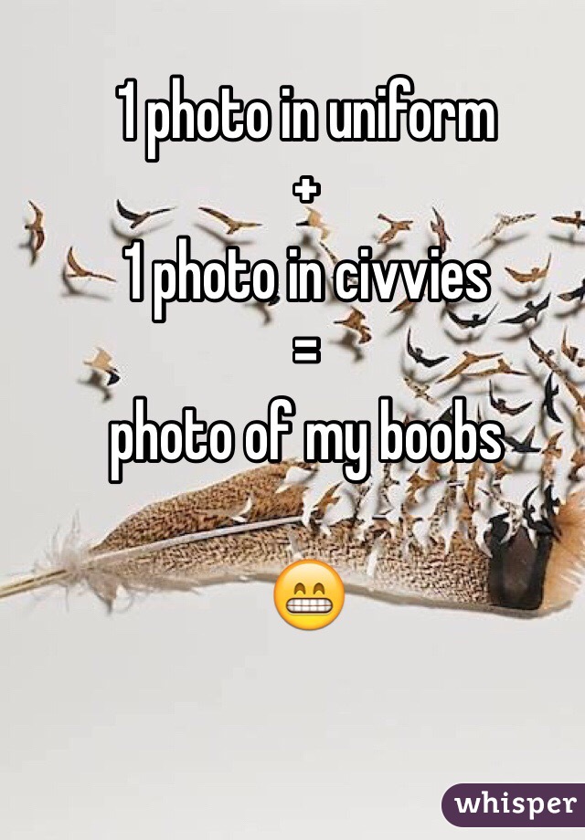1 photo in uniform 
+
1 photo in civvies 
=
photo of my boobs

😁