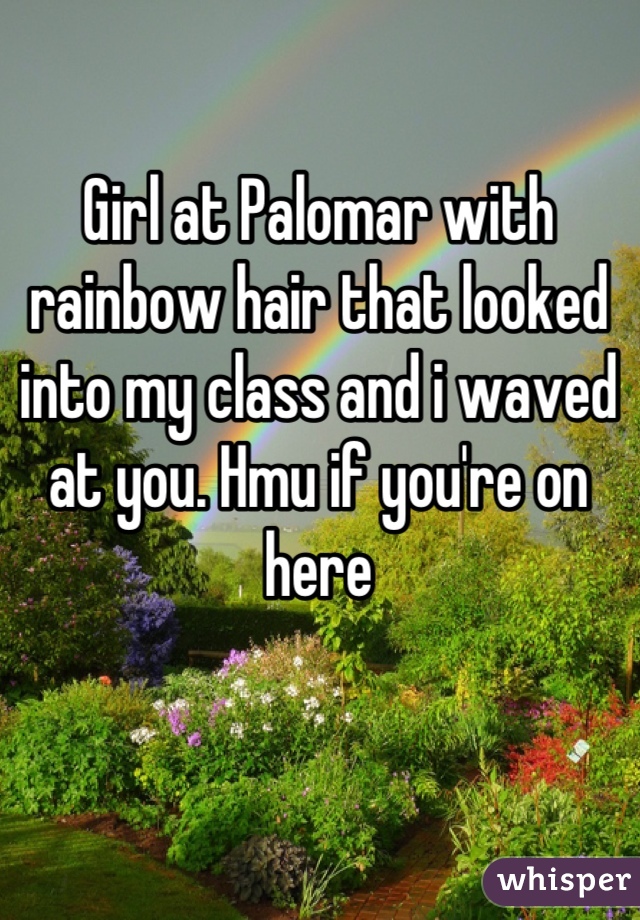 Girl at Palomar with rainbow hair that looked into my class and i waved at you. Hmu if you're on here