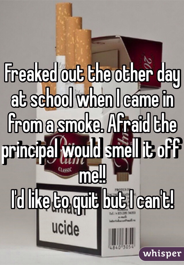 Freaked out the other day at school when I came in from a smoke. Afraid the principal would smell it off me!! 
I'd like to quit but I can't!
