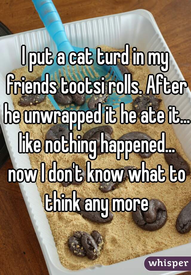 I put a cat turd in my friends tootsi rolls. After he unwrapped it he ate it... like nothing happened... now I don't know what to think any more