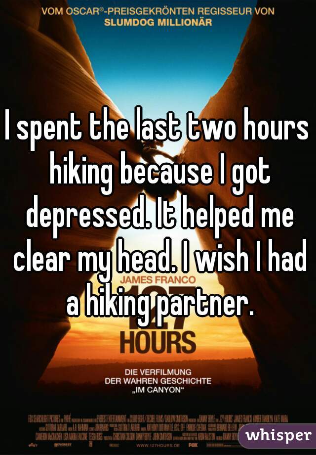 I spent the last two hours hiking because I got depressed. It helped me clear my head. I wish I had a hiking partner.