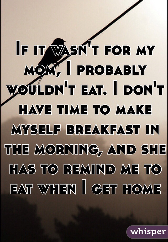 If it wasn't for my mom, I probably wouldn't eat. I don't have time to make myself breakfast in the morning, and she has to remind me to eat when I get home 