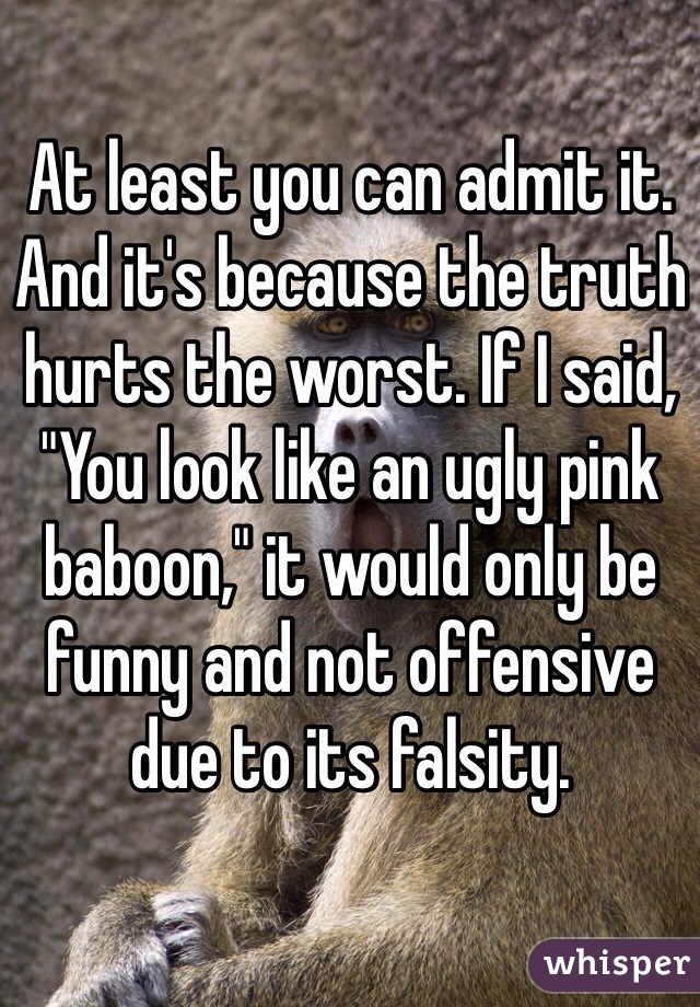At least you can admit it. And it's because the truth hurts the worst. If I said, "You look like an ugly pink baboon," it would only be funny and not offensive due to its falsity.