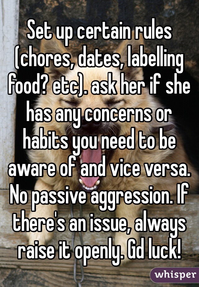 Set up certain rules (chores, dates, labelling food? etc). ask her if she has any concerns or habits you need to be aware of and vice versa. No passive aggression. If there's an issue, always raise it openly. Gd luck!
