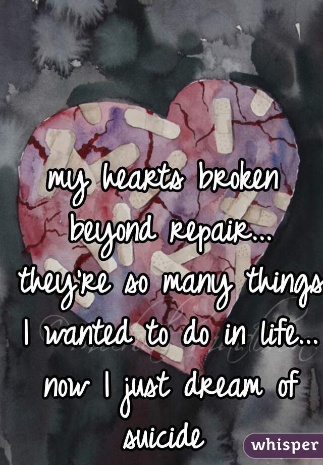 my hearts broken beyond repair... they're so many things I wanted to do in life... now I just dream of suicide 