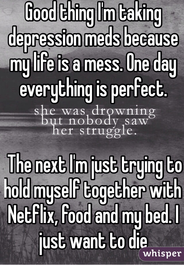 Good thing I'm taking depression meds because my life is a mess. One day everything is perfect.


 The next I'm just trying to hold myself together with Netflix, food and my bed. I just want to die